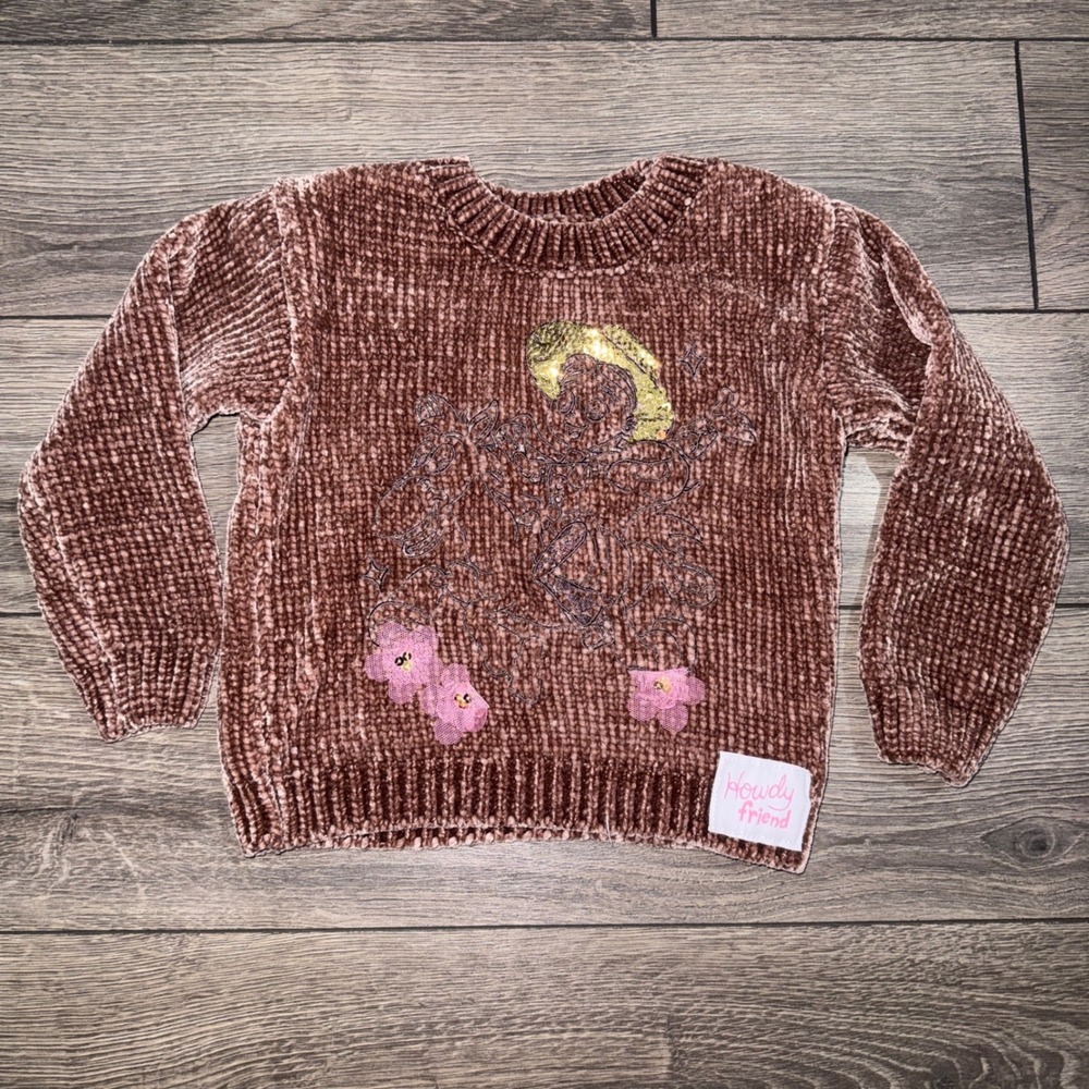Disney Pixar Toy Story Jessie Brown Chenille Sequin Sweater Kids 3T RPTY500